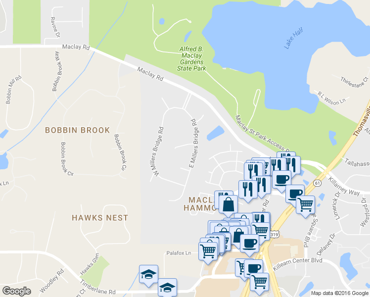 map of restaurants, bars, coffee shops, grocery stores, and more near 1235 Stonehurst Way in Tallahassee