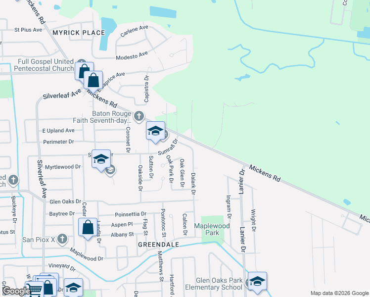 map of restaurants, bars, coffee shops, grocery stores, and more near 7051 Dalark Dr in Baton Rouge