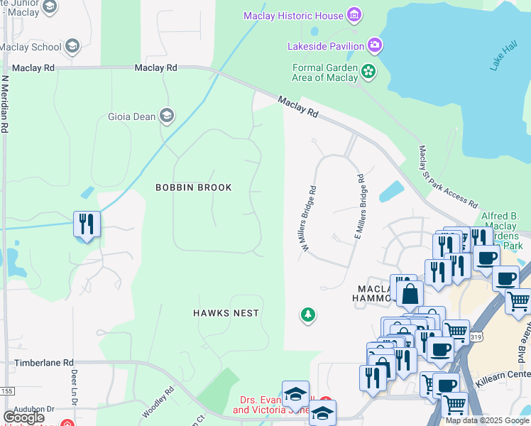 map of restaurants, bars, coffee shops, grocery stores, and more near 3968 Bobbin Brook Circle in Tallahassee