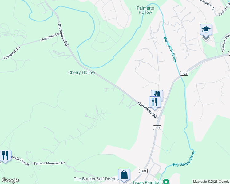 map of restaurants, bars, coffee shops, grocery stores, and more near 23644 Nameless Road in Leander