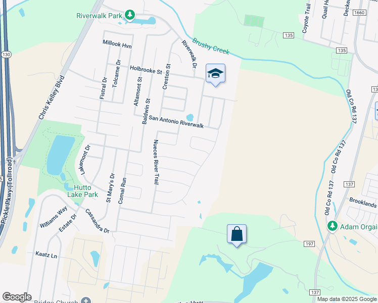 map of restaurants, bars, coffee shops, grocery stores, and more near 136 Leon River Loop in Hutto