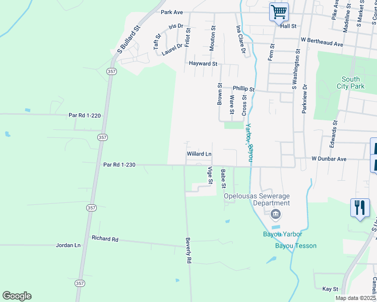 map of restaurants, bars, coffee shops, grocery stores, and more near 1230 Par Road 1-230 in Opelousas