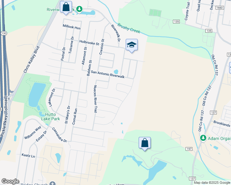 map of restaurants, bars, coffee shops, grocery stores, and more near 136 Leon River Loop in Hutto