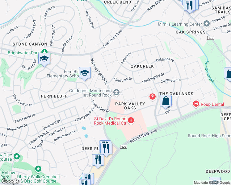 map of restaurants, bars, coffee shops, grocery stores, and more near 7200 Wyoming Springs Drive in Round Rock
