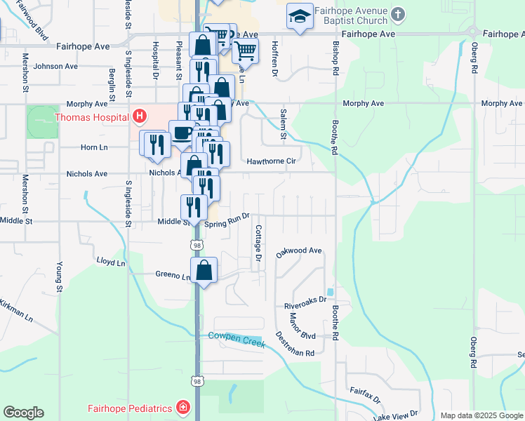 map of restaurants, bars, coffee shops, grocery stores, and more near 201 Spring Run Drive in Fairhope