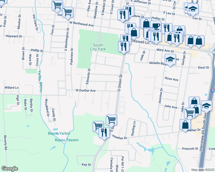 map of restaurants, bars, coffee shops, grocery stores, and more near 1921 Goudeau Street in Opelousas