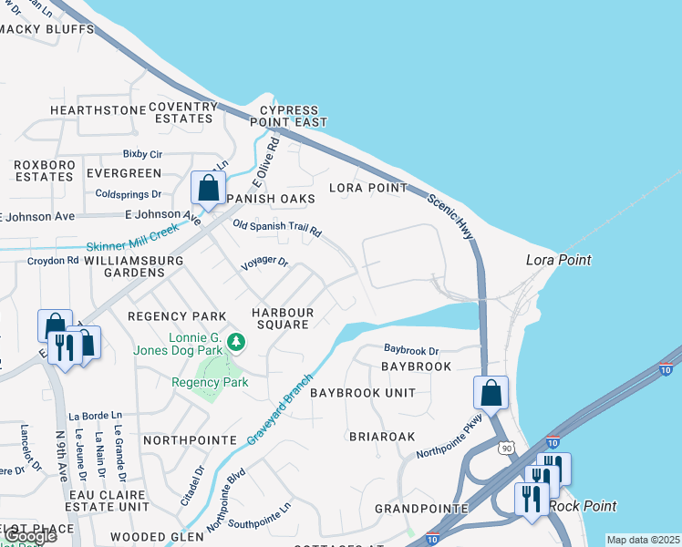 map of restaurants, bars, coffee shops, grocery stores, and more near 4814 Tradewinds Drive in Pensacola