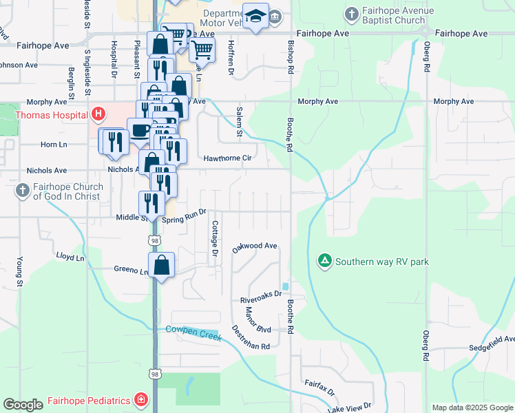map of restaurants, bars, coffee shops, grocery stores, and more near 302 Belle Chase Court North in Fairhope