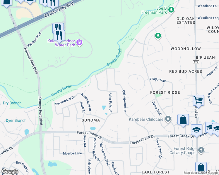 map of restaurants, bars, coffee shops, grocery stores, and more near 2812 Collingwood Drive in Round Rock