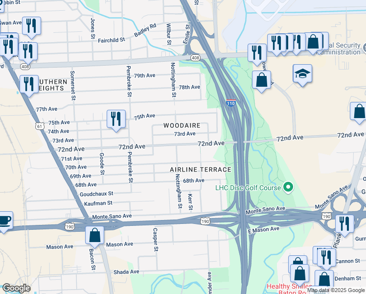 map of restaurants, bars, coffee shops, grocery stores, and more near 2752 72nd Avenue in Baton Rouge
