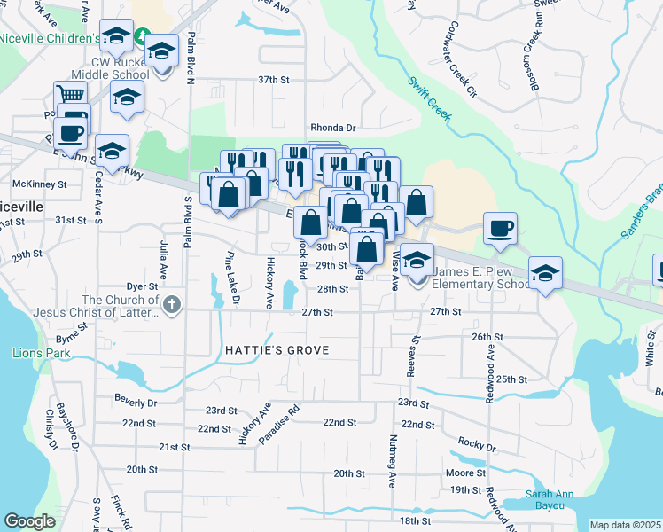 map of restaurants, bars, coffee shops, grocery stores, and more near 1419 29th Street in Niceville
