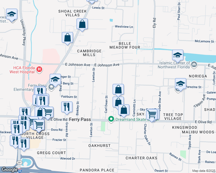 map of restaurants, bars, coffee shops, grocery stores, and more near 8359 Carl Dean Street in Pensacola