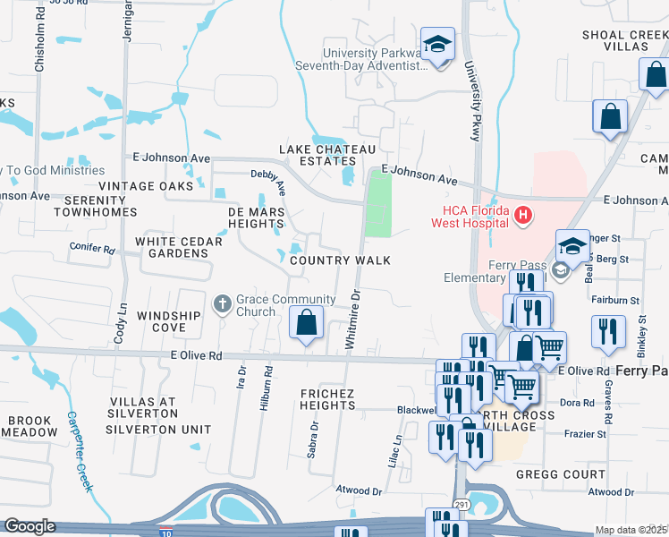 map of restaurants, bars, coffee shops, grocery stores, and more near 8349 Country Walk Drive in Pensacola