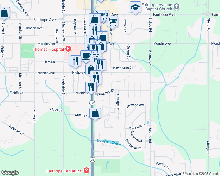 map of restaurants, bars, coffee shops, grocery stores, and more near 199 Spring Run Drive in Fairhope