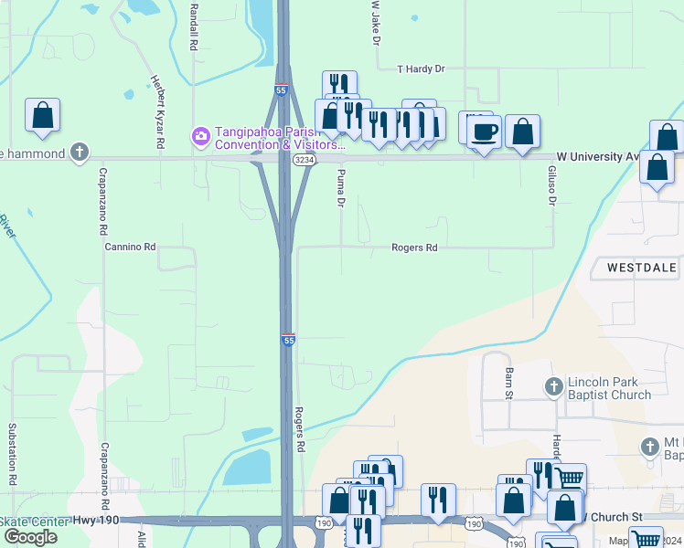 map of restaurants, bars, coffee shops, grocery stores, and more near 45366 Puma Drive in Hammond