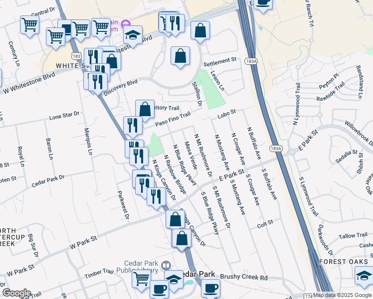 map of restaurants, bars, coffee shops, grocery stores, and more near 307 Mesa Verde in Cedar Park