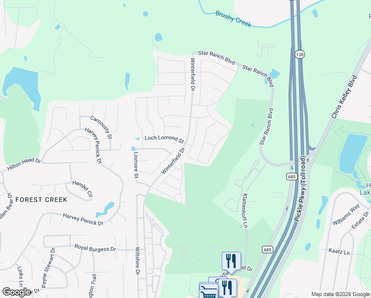 map of restaurants, bars, coffee shops, grocery stores, and more near 117 Sage Derby Drive in Hutto
