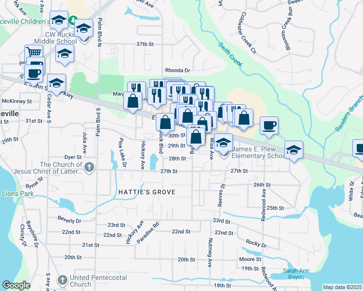 map of restaurants, bars, coffee shops, grocery stores, and more near 1411 29th Street in Niceville