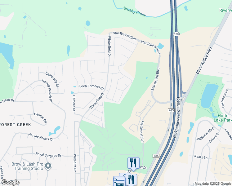 map of restaurants, bars, coffee shops, grocery stores, and more near 132 Danablu Drive in Hutto