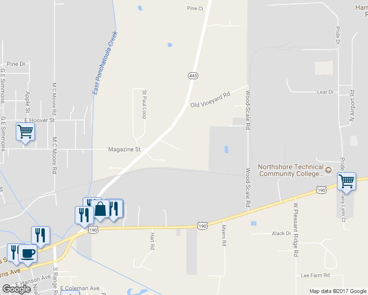 map of restaurants, bars, coffee shops, grocery stores, and more near 17349 Gasper Drago Lane in Hammond