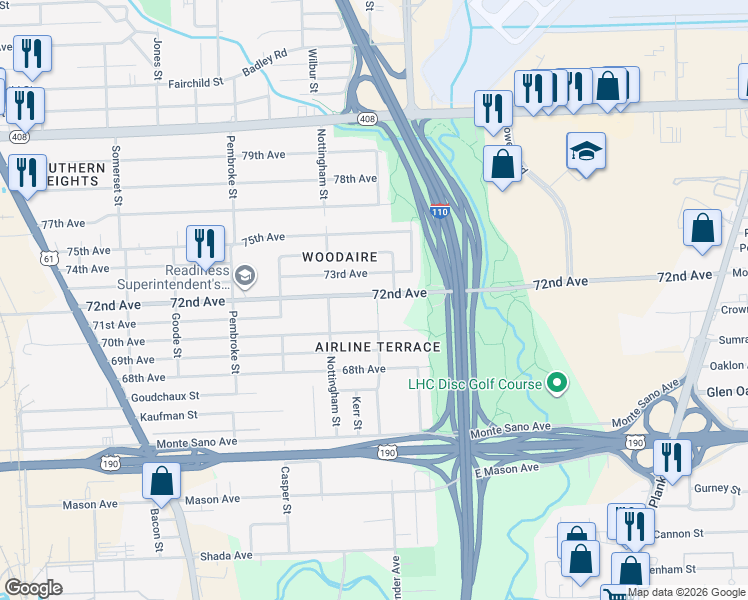 map of restaurants, bars, coffee shops, grocery stores, and more near 2886 72nd Avenue in Baton Rouge