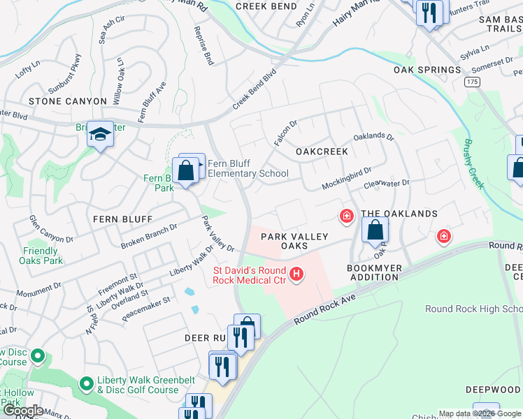 map of restaurants, bars, coffee shops, grocery stores, and more near 7200 Wyoming Springs Drive in Round Rock