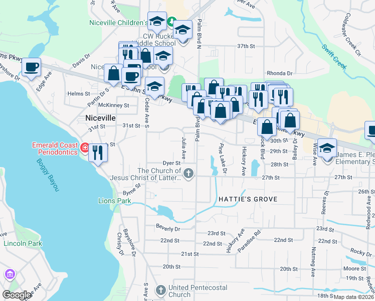 map of restaurants, bars, coffee shops, grocery stores, and more near 1011 Julia Avenue in Niceville