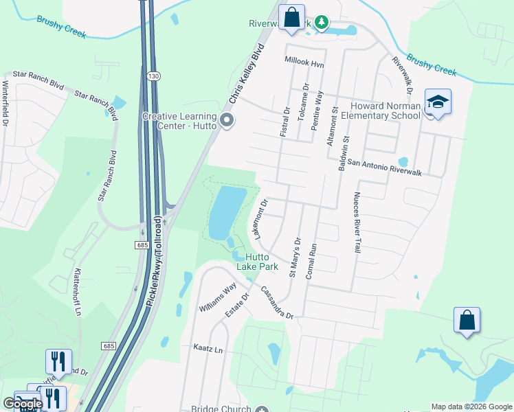 map of restaurants, bars, coffee shops, grocery stores, and more near 303 Lakemont Dr in Hutto