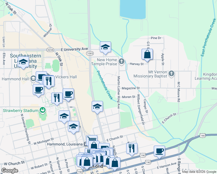 map of restaurants, bars, coffee shops, grocery stores, and more near 115 East David Drive in Hammond