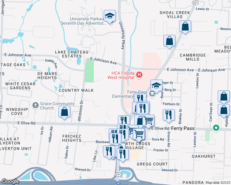 map of restaurants, bars, coffee shops, grocery stores, and more near 8283 University Parkway in Pensacola