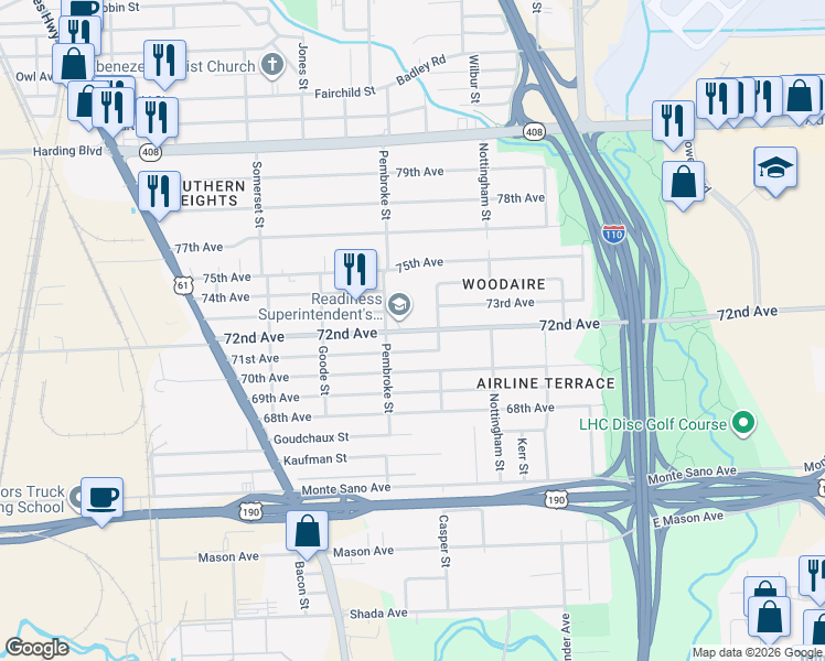 map of restaurants, bars, coffee shops, grocery stores, and more near 2401 72nd Avenue in Baton Rouge