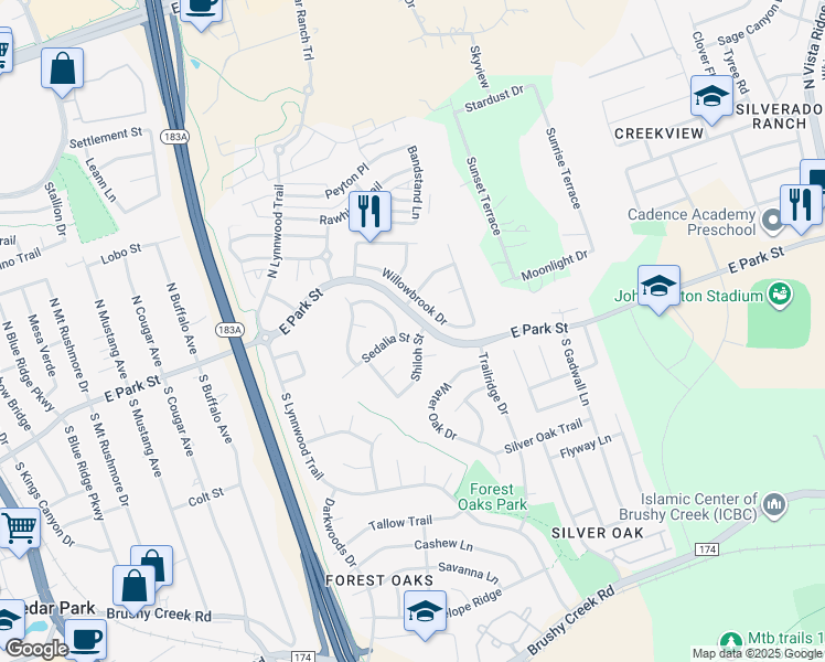 map of restaurants, bars, coffee shops, grocery stores, and more near 1201 Shiloh Street in Cedar Park