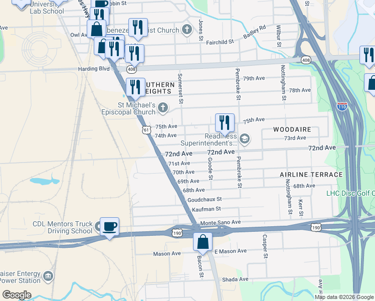 map of restaurants, bars, coffee shops, grocery stores, and more near 1907 72nd Avenue in Baton Rouge