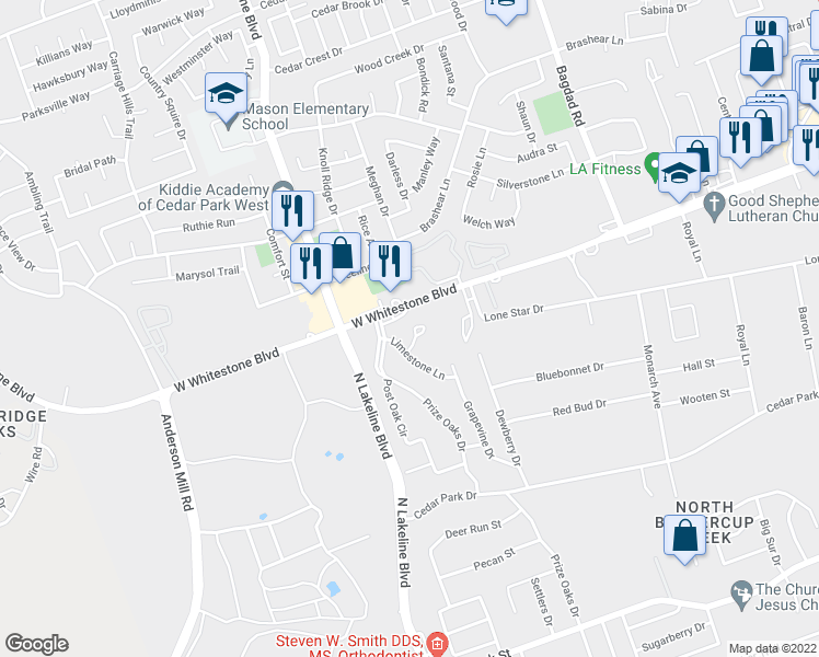 map of restaurants, bars, coffee shops, grocery stores, and more near 905 Quartz Ct in Cedar Park