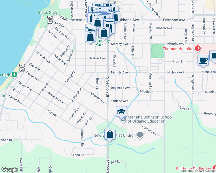 map of restaurants, bars, coffee shops, grocery stores, and more near 399 South Section Street in Fairhope