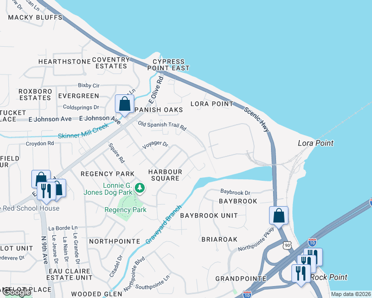 map of restaurants, bars, coffee shops, grocery stores, and more near 4830 Yacht Harbor Drive in Pensacola