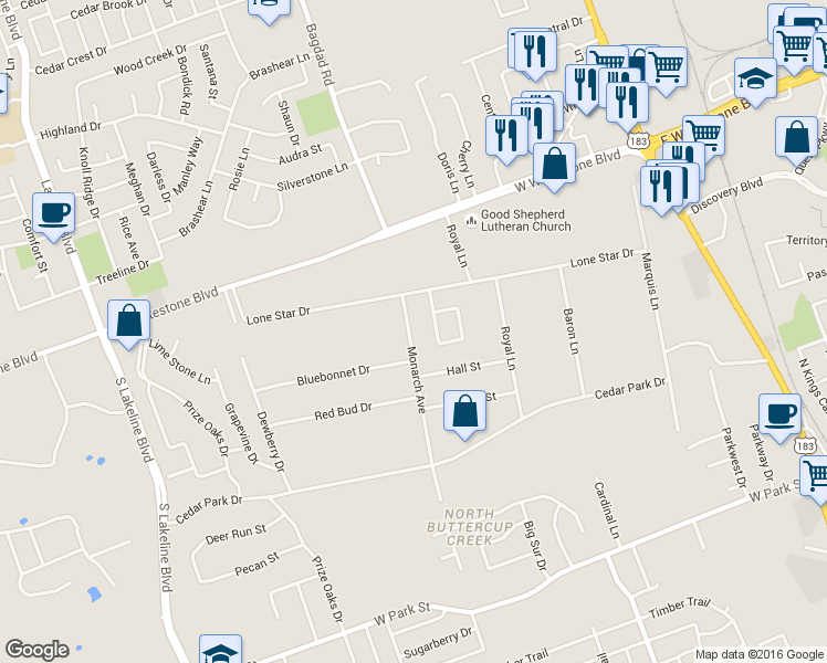 map of restaurants, bars, coffee shops, grocery stores, and more near 810 Monarch Avenue in Cedar Park