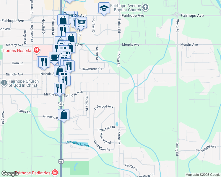 map of restaurants, bars, coffee shops, grocery stores, and more near 504 Westchase Court North in Fairhope