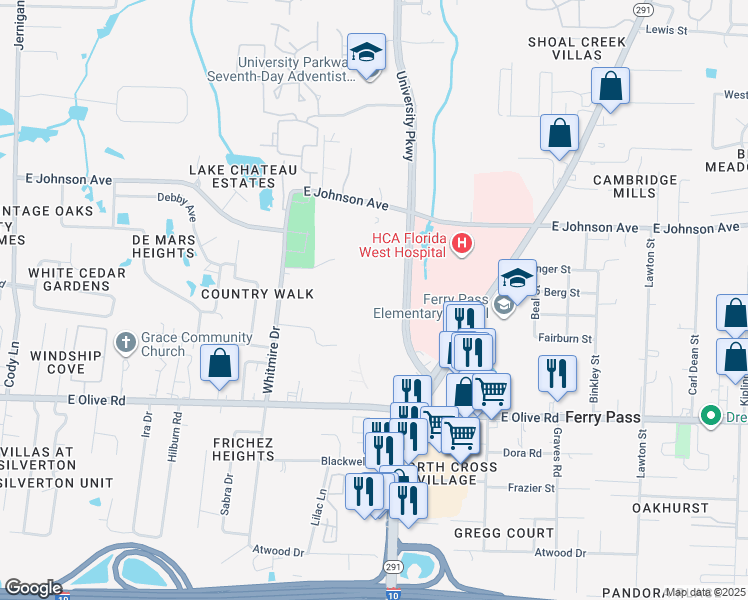 map of restaurants, bars, coffee shops, grocery stores, and more near 8283-8425 University Parkway in Pensacola