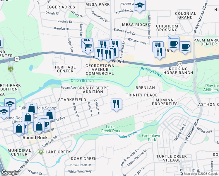 map of restaurants, bars, coffee shops, grocery stores, and more near in Round Rock