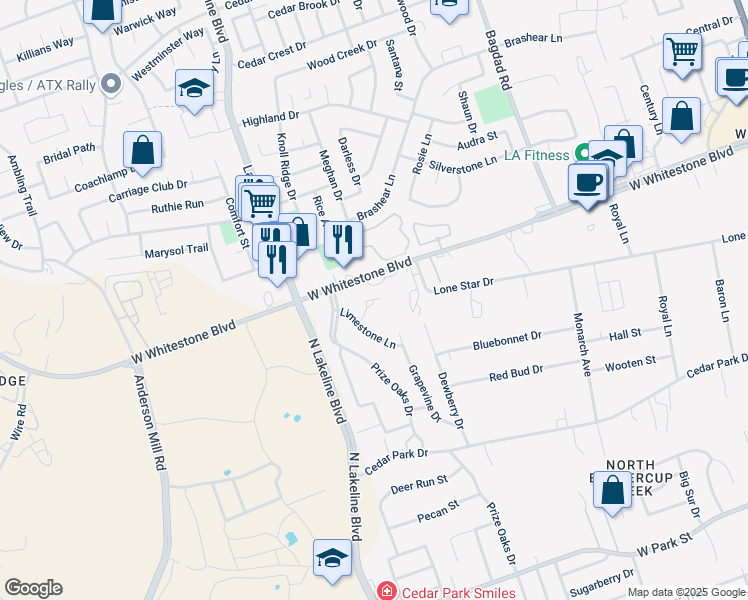 map of restaurants, bars, coffee shops, grocery stores, and more near 905 Quartz Court in Cedar Park