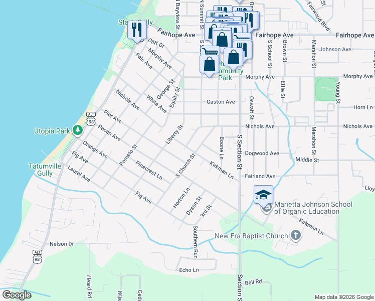 map of restaurants, bars, coffee shops, grocery stores, and more near 373 South Summit Street in Fairhope