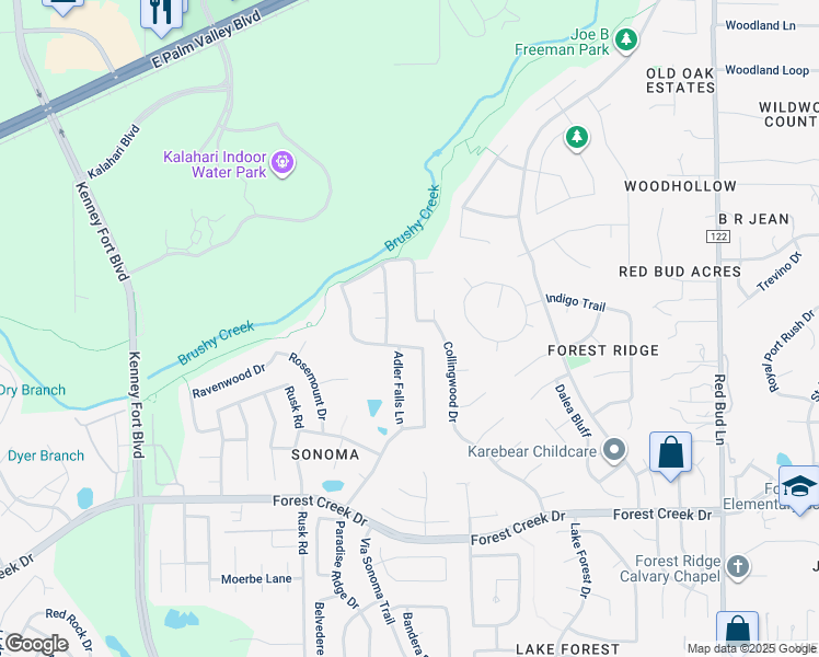 map of restaurants, bars, coffee shops, grocery stores, and more near 2812 Collingwood Drive in Round Rock
