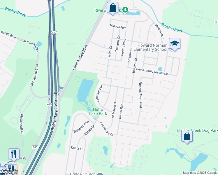 map of restaurants, bars, coffee shops, grocery stores, and more near 326 Lakemont Dr in Hutto