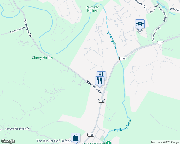 map of restaurants, bars, coffee shops, grocery stores, and more near 18725 Angel Mountain Drive in Leander