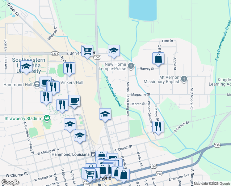 map of restaurants, bars, coffee shops, grocery stores, and more near 115 East David Drive in Hammond