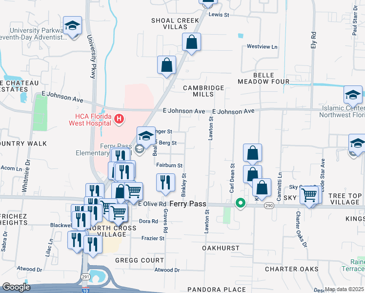 map of restaurants, bars, coffee shops, grocery stores, and more near 8315 Binkley Street in Pensacola