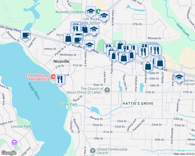 map of restaurants, bars, coffee shops, grocery stores, and more near 106 Abbott Cir in Niceville