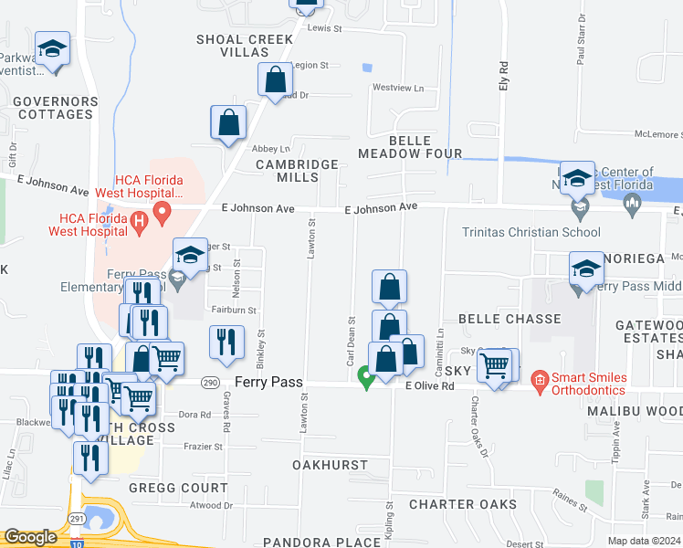 map of restaurants, bars, coffee shops, grocery stores, and more near 8359 Carl Dean Street in Pensacola