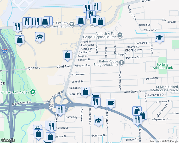 map of restaurants, bars, coffee shops, grocery stores, and more near 7026 Beechwood Drive in Baton Rouge